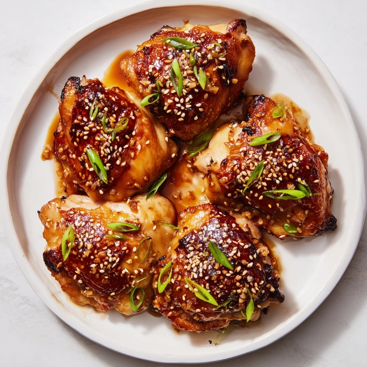 Golden roasted garlic miso chicken thighs with caramelized edges and sesame garnish on a white serving plate