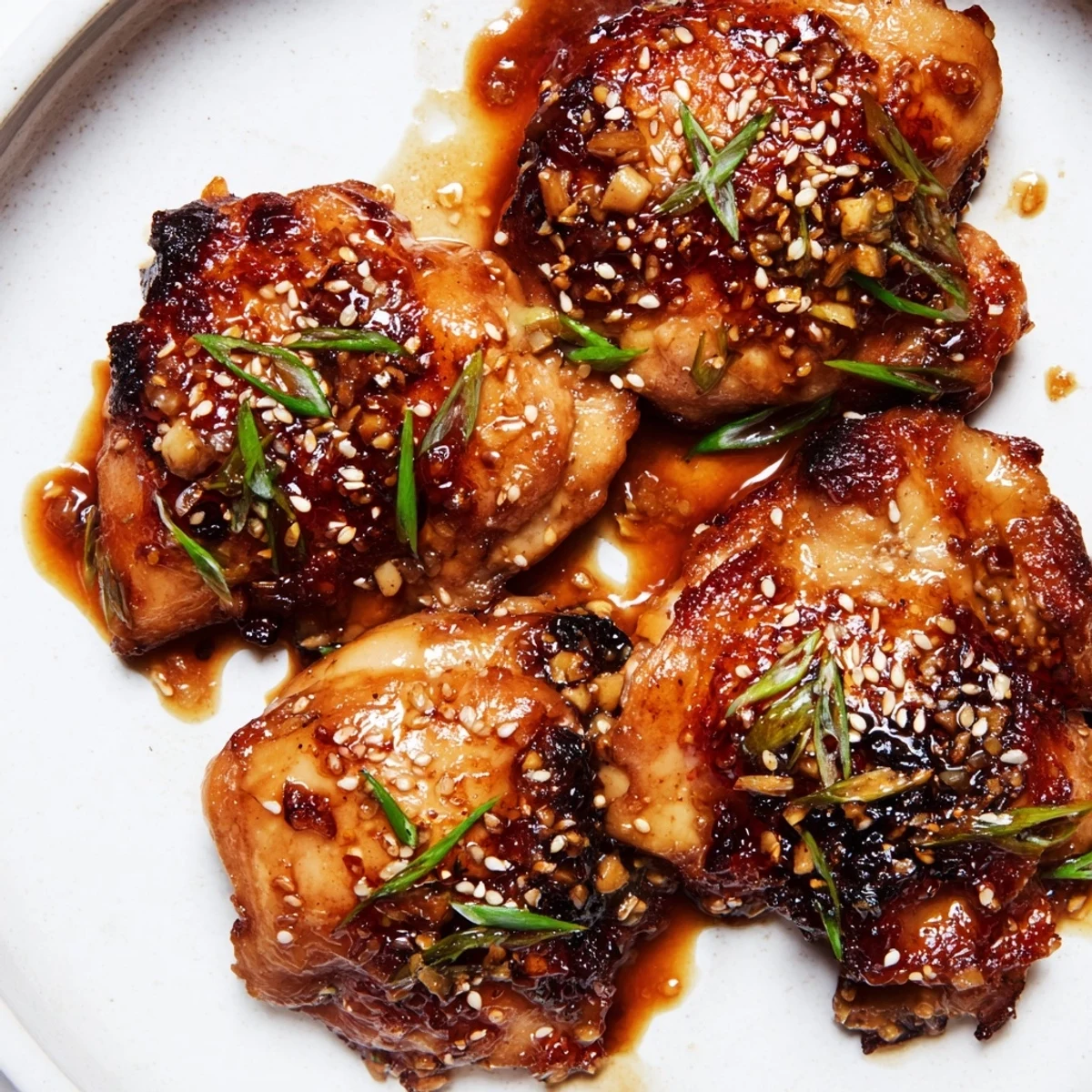 Juicy oven-baked chicken marinated in savory miso garlic glaze, garnished with fresh spring onions and toasted sesame seeds
