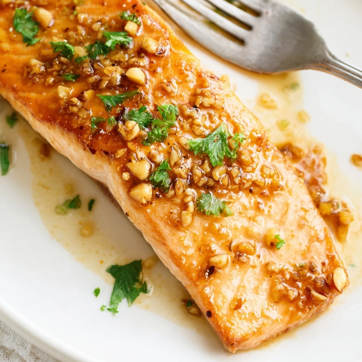 Pan-seared honey garlic glazed salmon fillets with sticky golden brown glaze dripping over the tender cooked fish