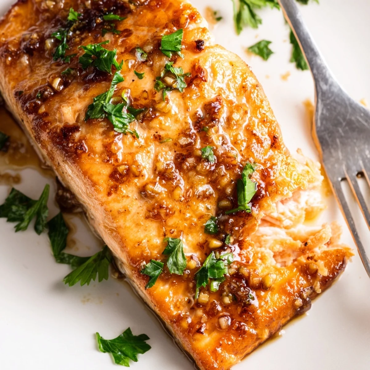 Golden brown honey garlic glazed salmon fillets brushed with thick sweet savory sauce and sprinkled with green parsley