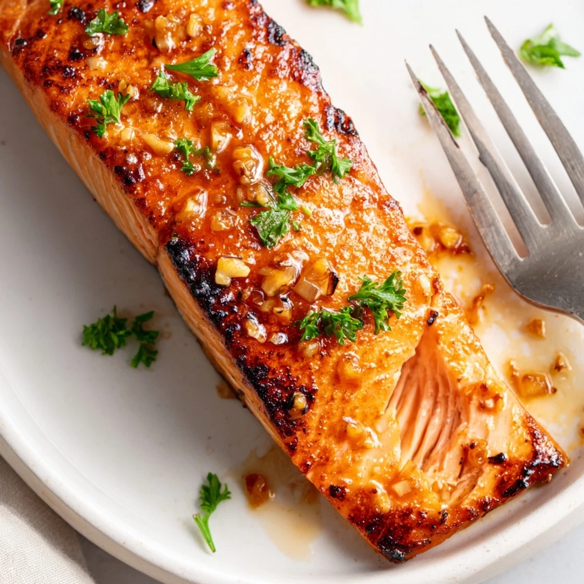 Honey garlic glazed salmon served on white plate with fresh parsley garnish and lemon wedge on side