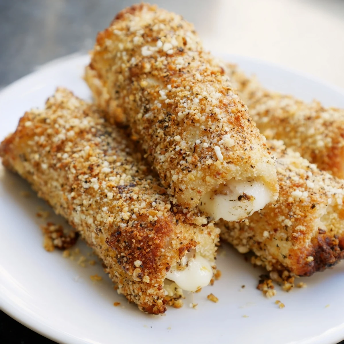 Golden brown crispy cheesy roll ups with melty mozzarella center on white plate