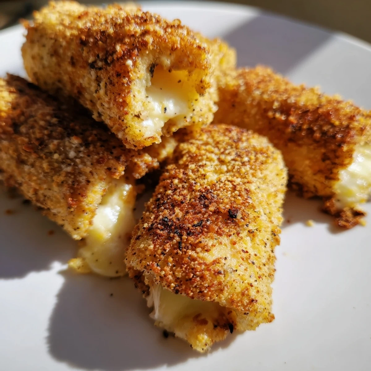 Pan-fried crispy cheesy roll ups coated in seasoned panko breadcrumbs served hot