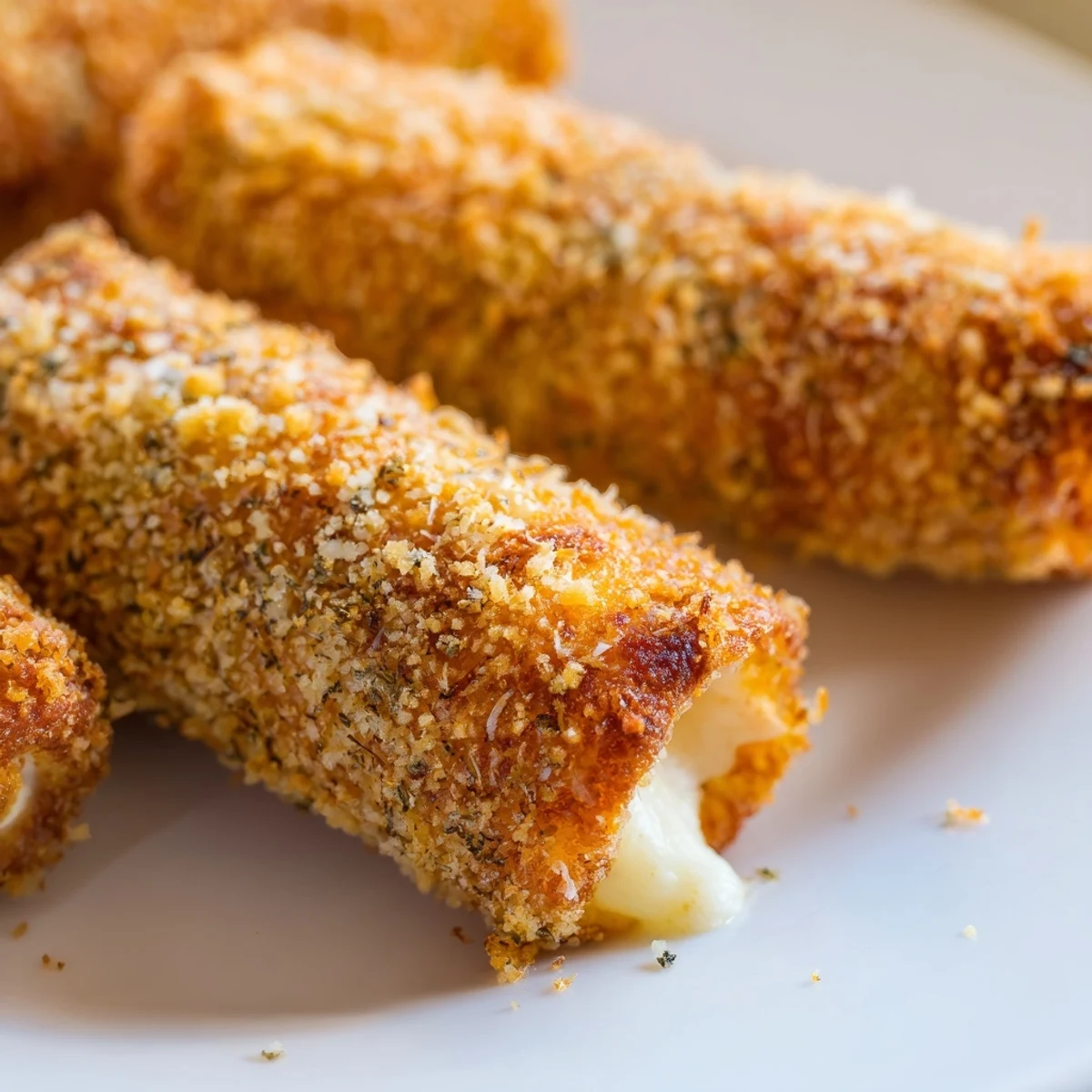 Bite-sized crispy cheesy roll ups appetizer with golden crust and oozing cheese filling