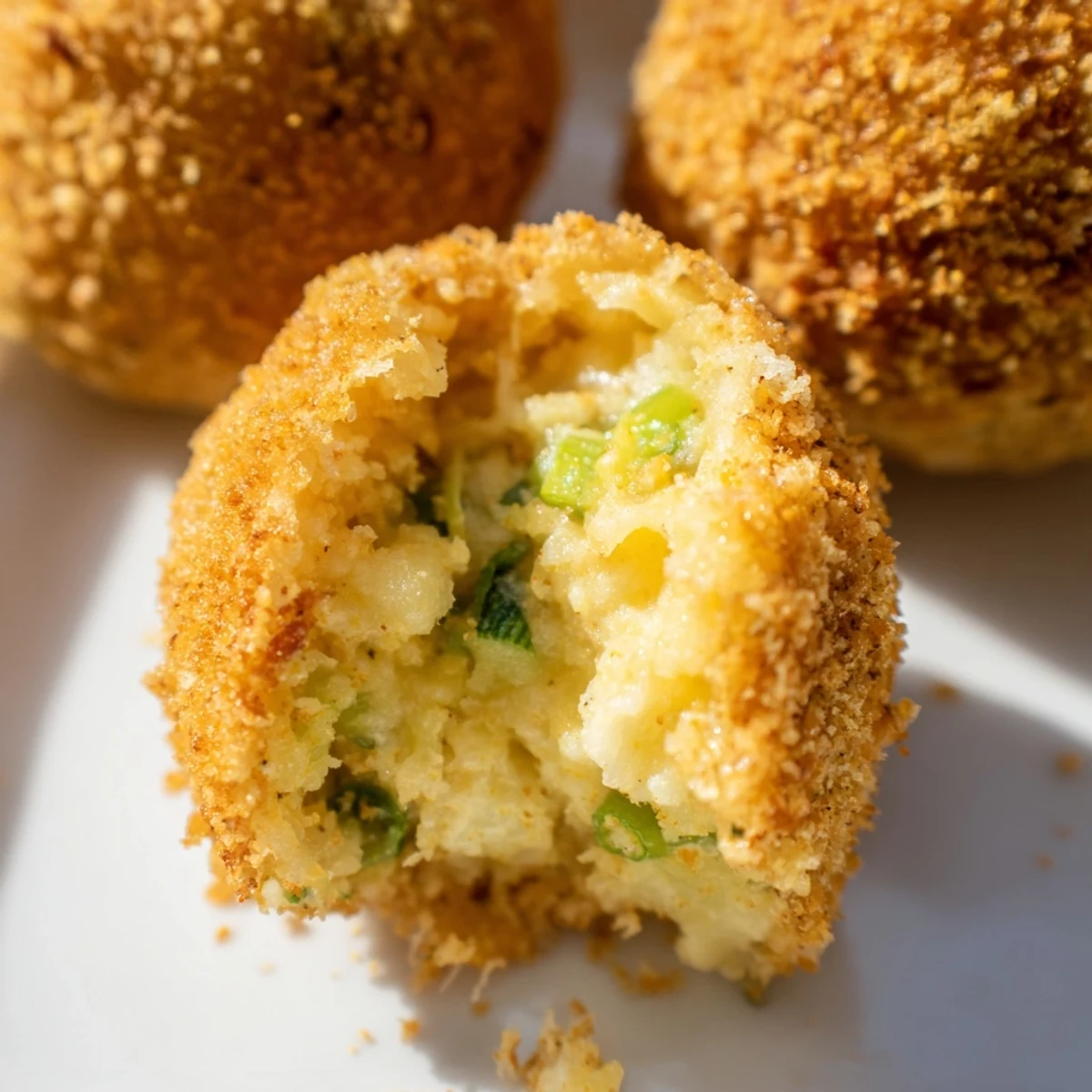 Gooey melted cheddar center revealed inside a bite-sized Cheesy Fried Colcannon Ball on white plate