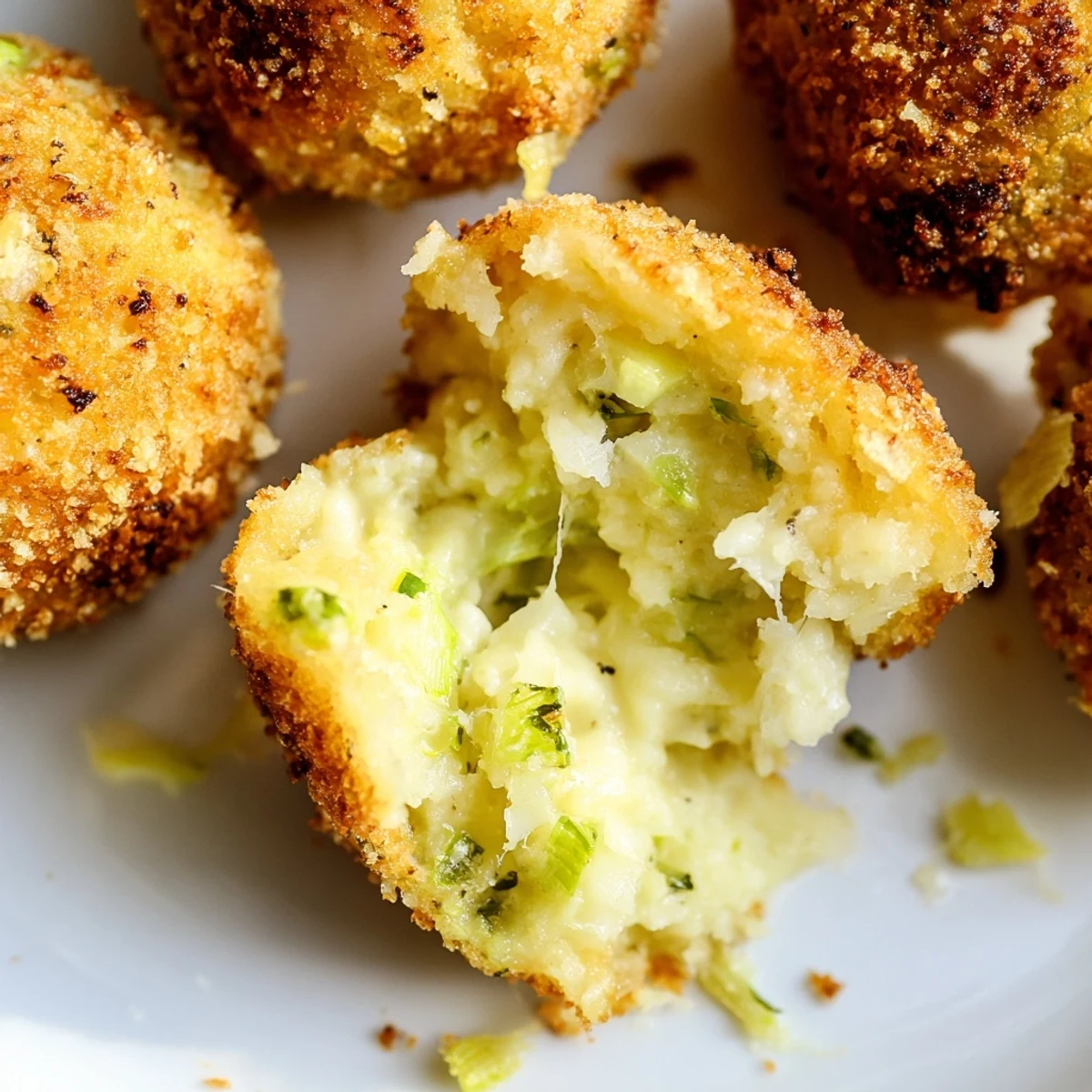 Plate of hot Cheesy Fried Colcannon Balls with sour cream dip for St Patrick's Day appetizer