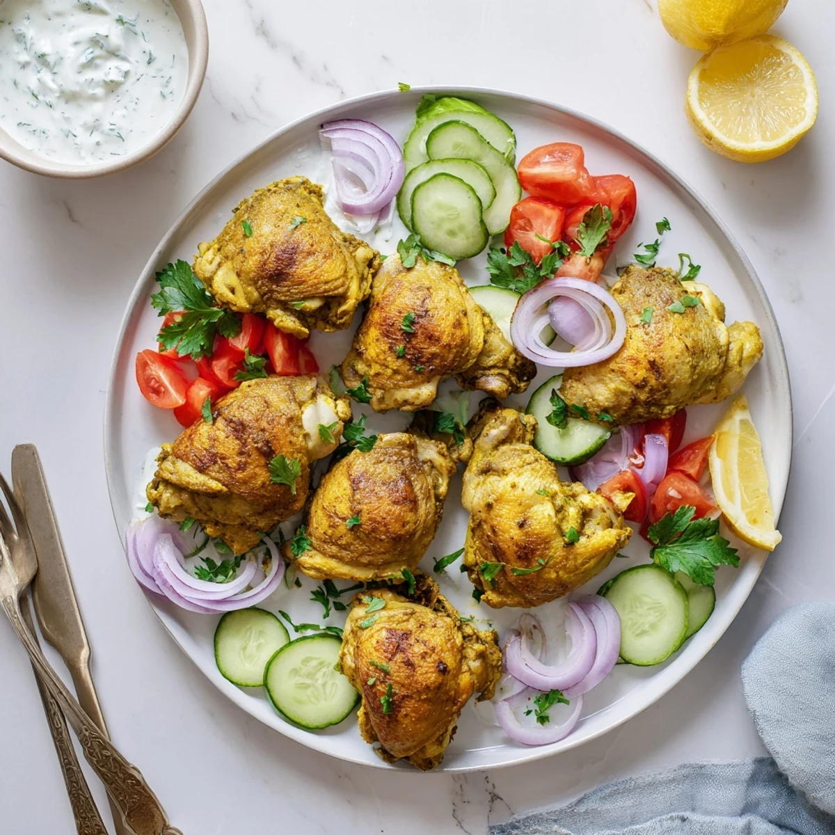 Golden brown Lebanese chicken thighs marinated in aromatic spices served with creamy herby yogurt sauce