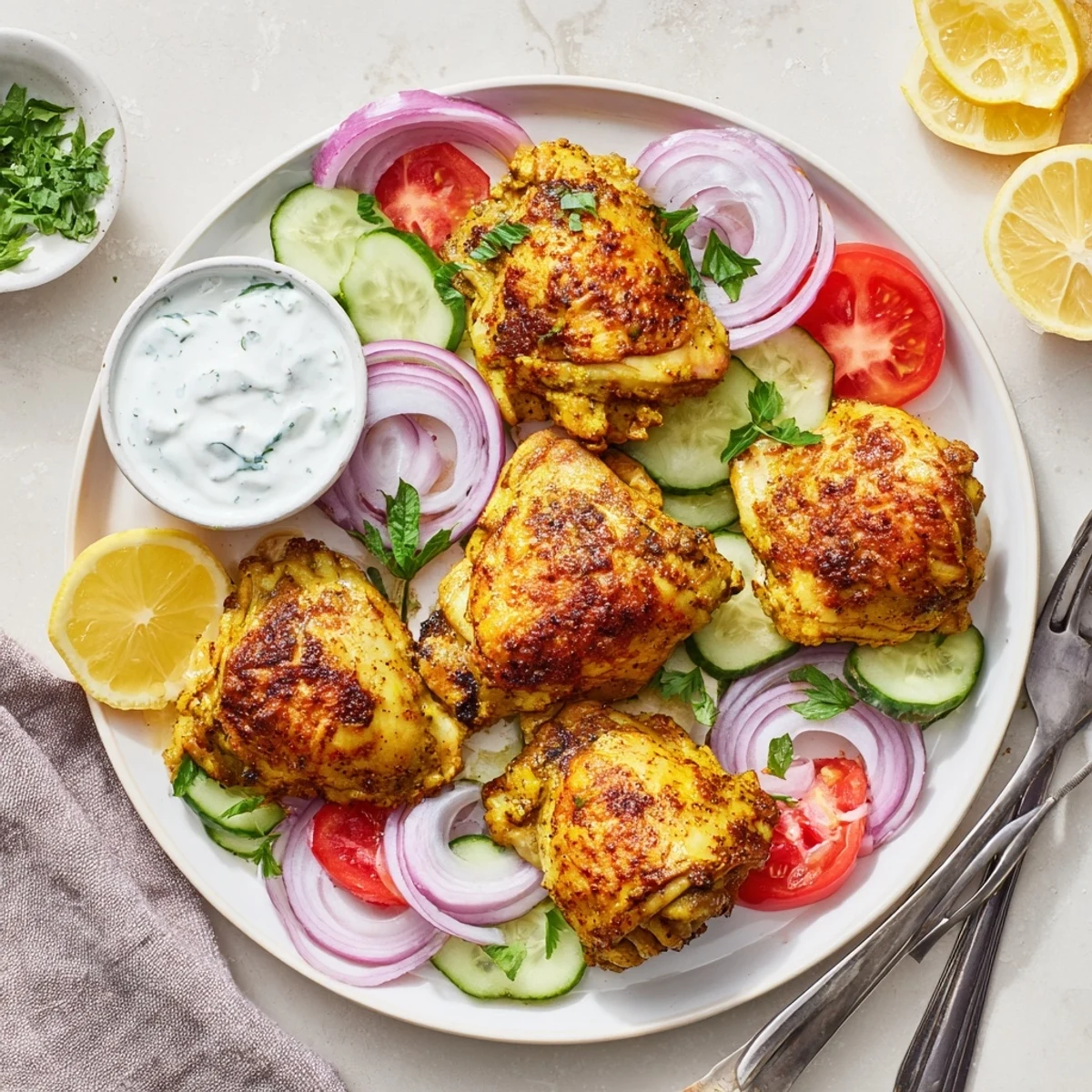 Succulent spiced Lebanese chicken on a platter garnished with colorful vegetables and tangy white garlic sauce