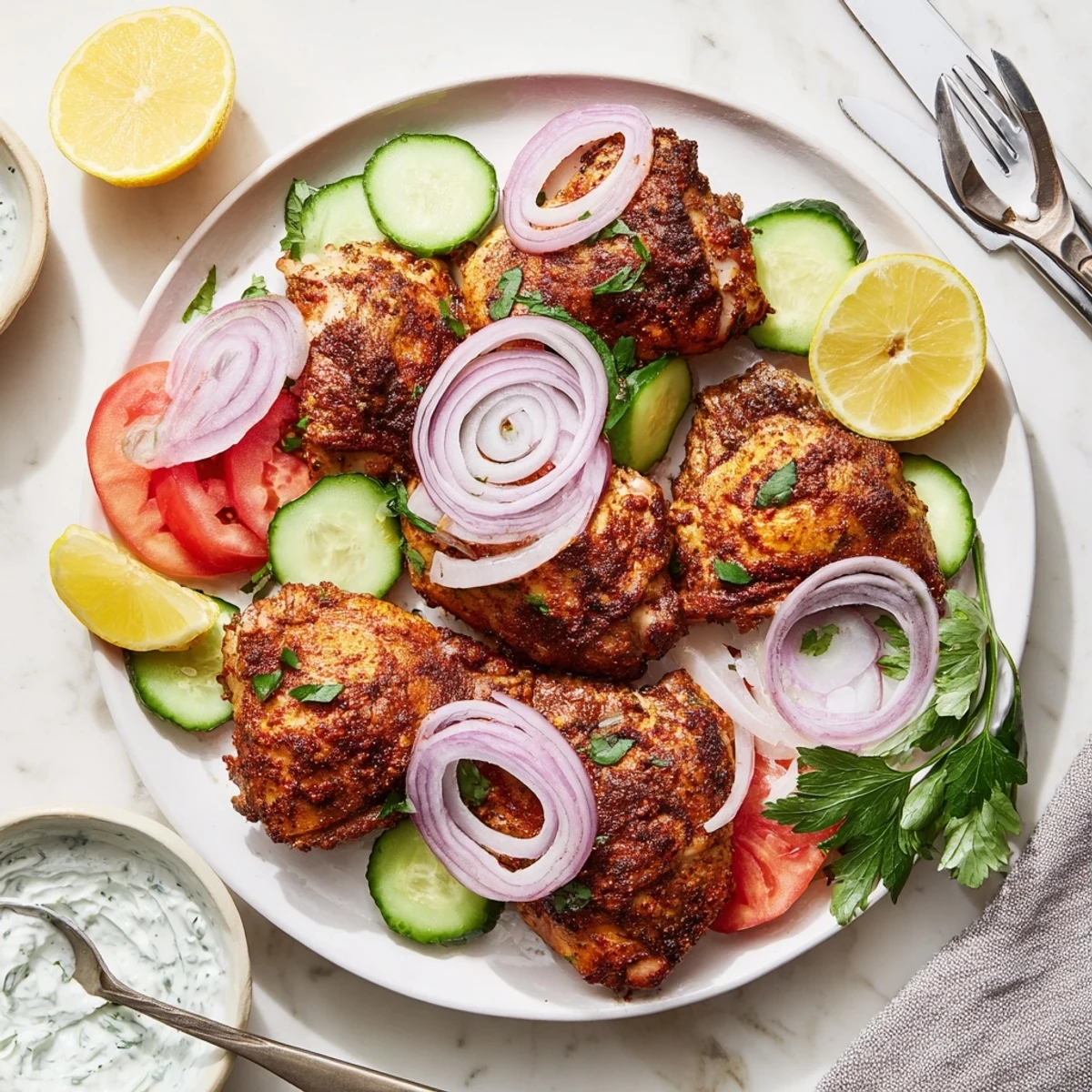 Tender Lebanese chicken roasted with Middle Eastern spices paired with fresh mint and parsley yogurt topping