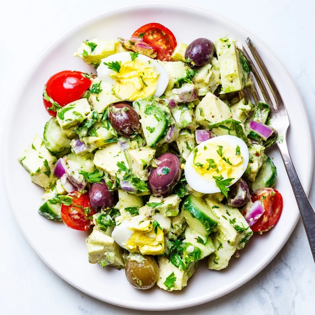 Creamy Mediterranean avocado egg salad served in a white bowl with fresh cherry tomatoes and cucumber