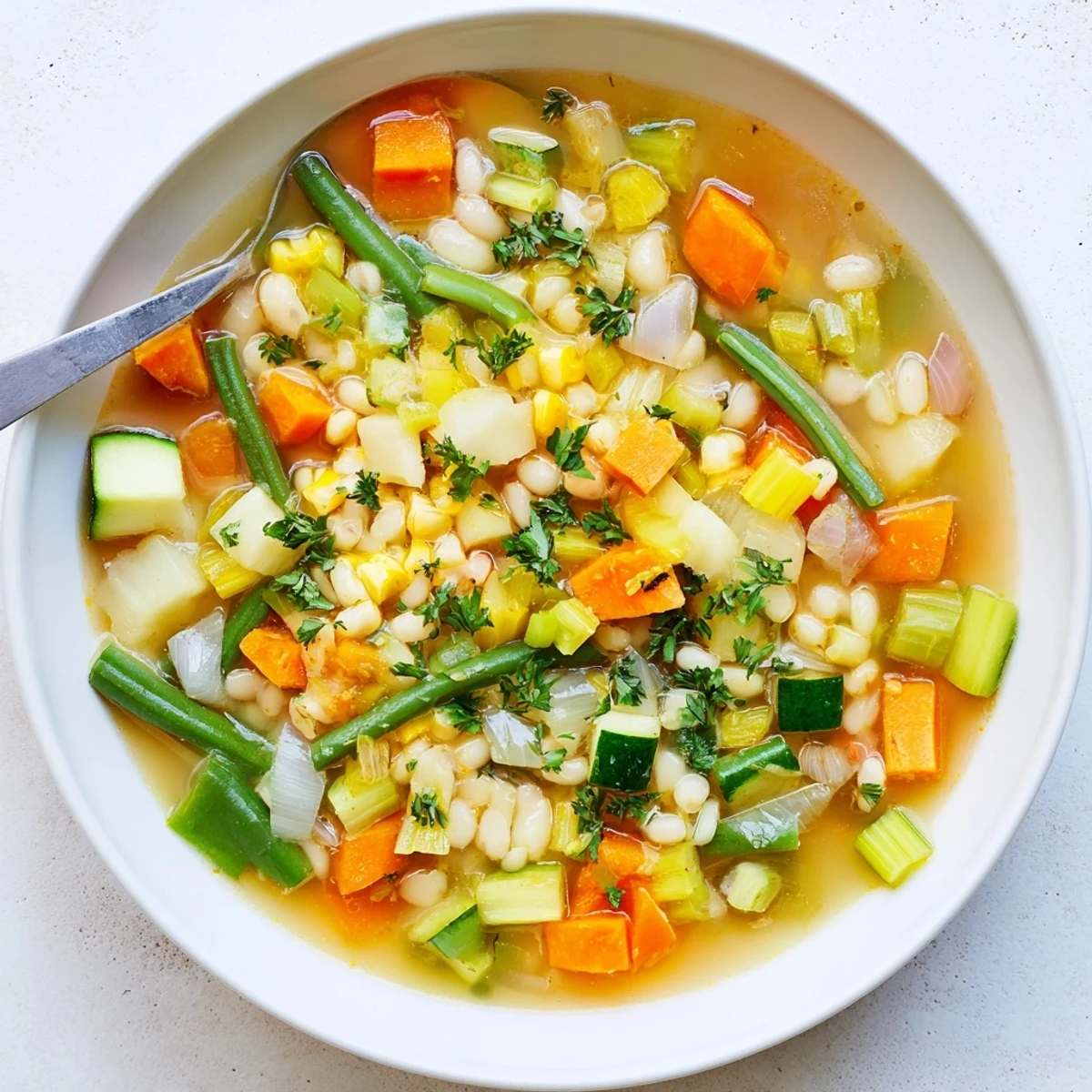 Rustic stone soup brimming with tender carrots, potatoes, and white beans in rich vegetable broth