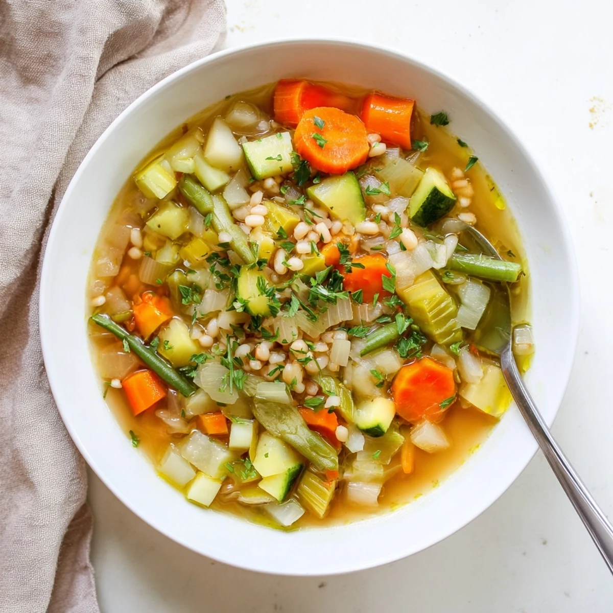 Hearty bowl of traditional stone soup featuring colorful diced vegetables and fresh parsley garnish