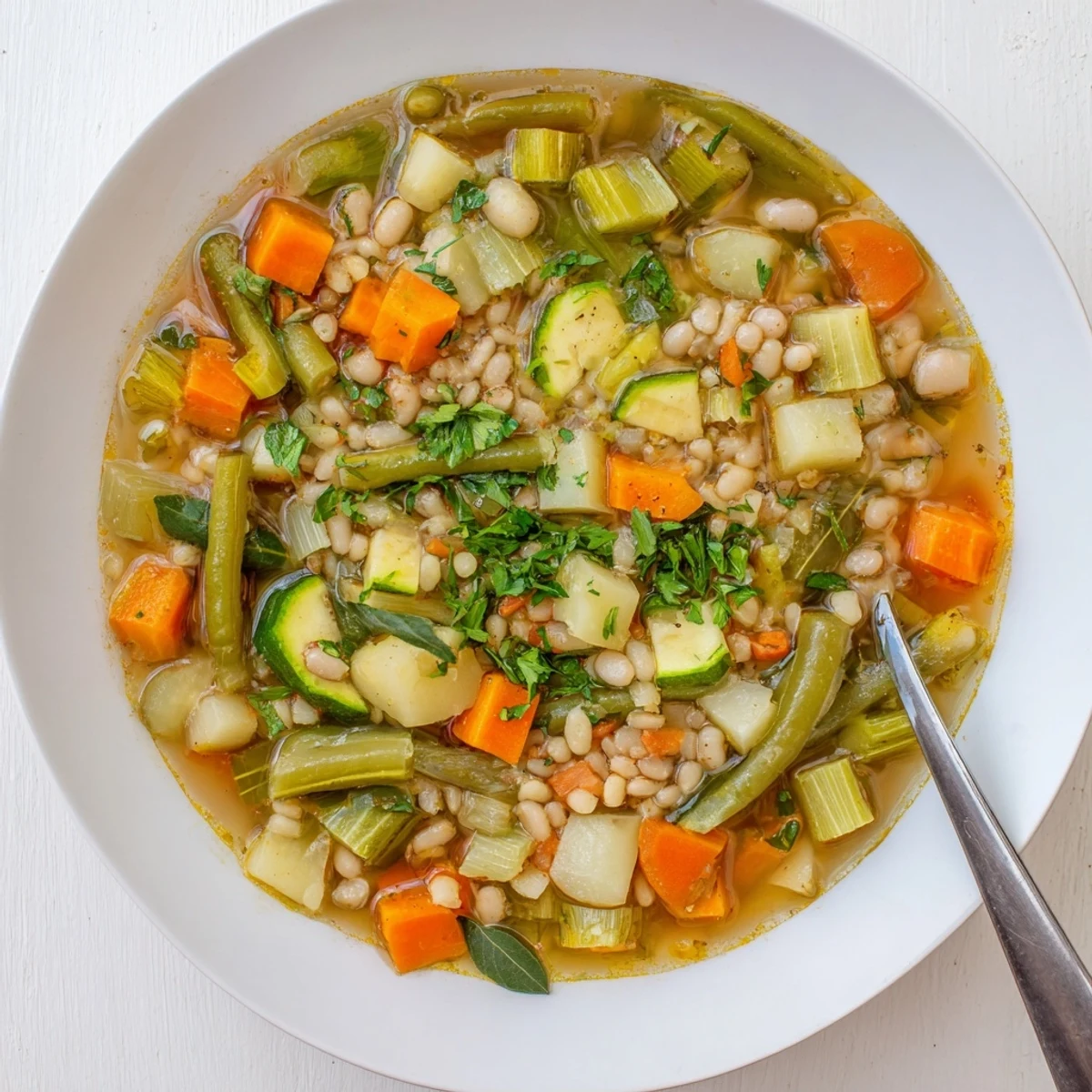 Savory stone soup packed with garden vegetables, pearl barley, and creamy cannellini beans