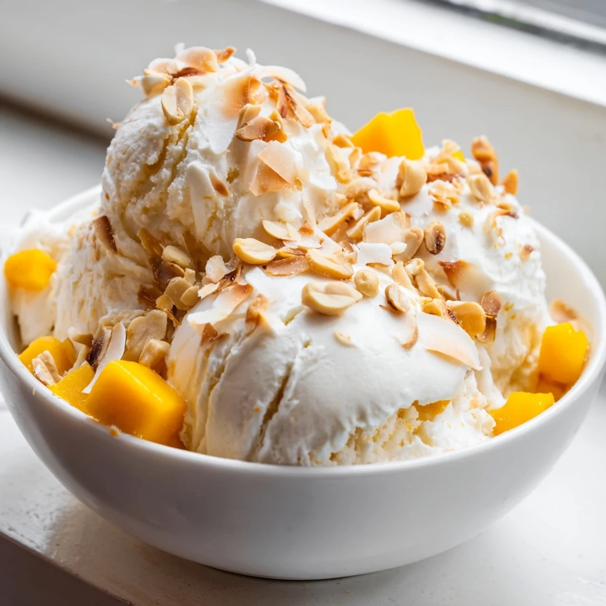 Creamy Thai coconut milk ice cream scooped into a bowl with toasted coconut flakes garnish