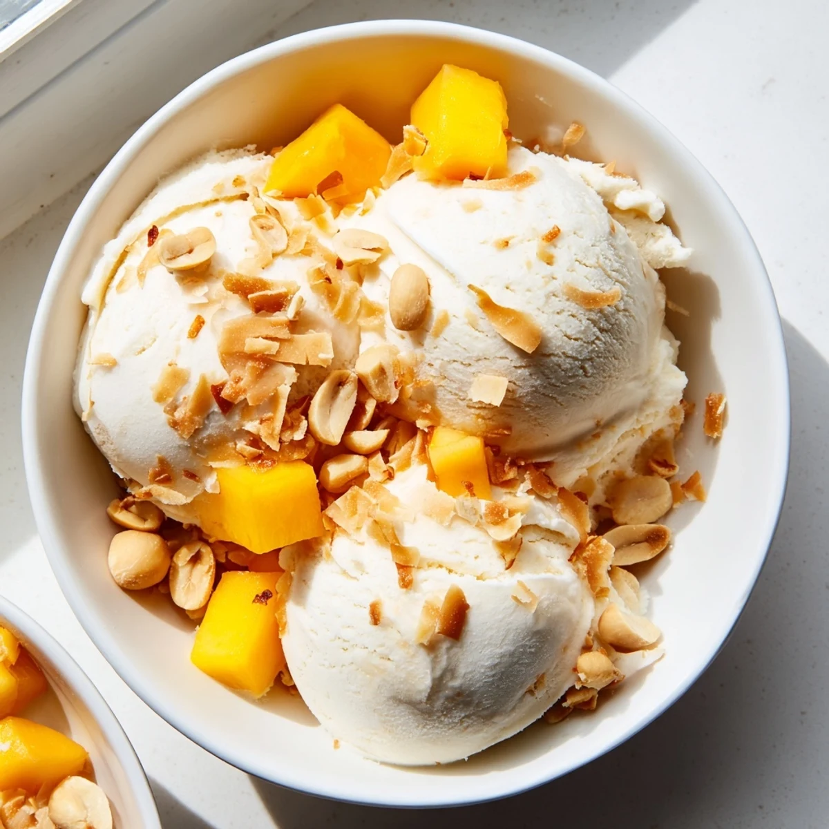 Velvety Thai coconut milk ice cream in a glass serving dish with vanilla bean specks visible