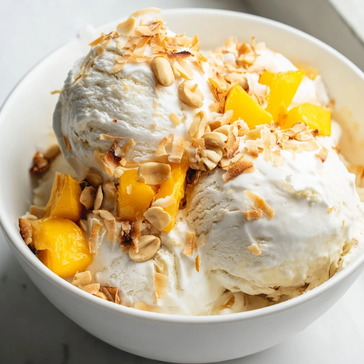 Rich dairy-free Thai coconut milk ice cream topped with sweet diced mango and chopped peanuts