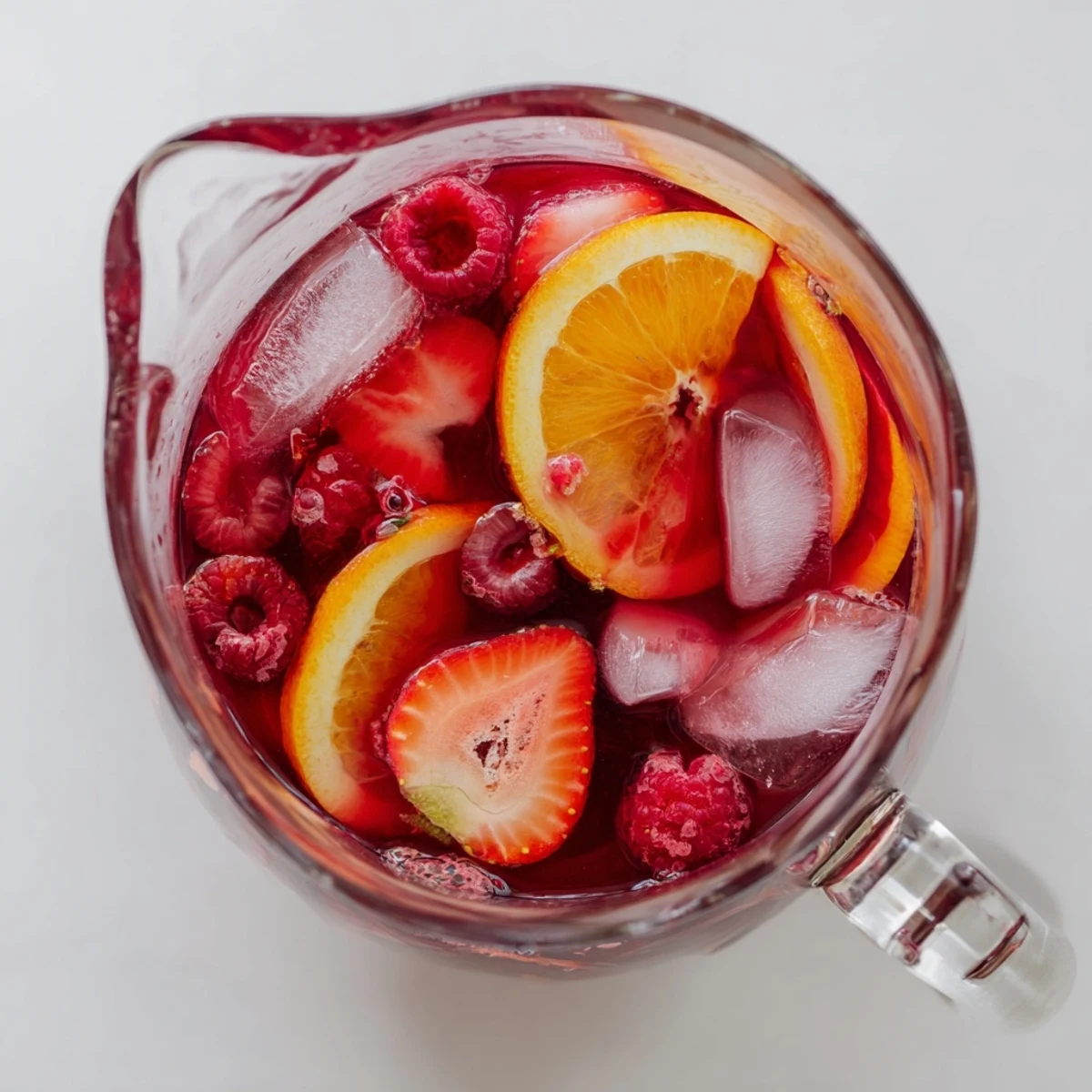 Vibrant pink Love Potion Punch pitcher layered with strawberries, raspberries, and orange slices on ice
