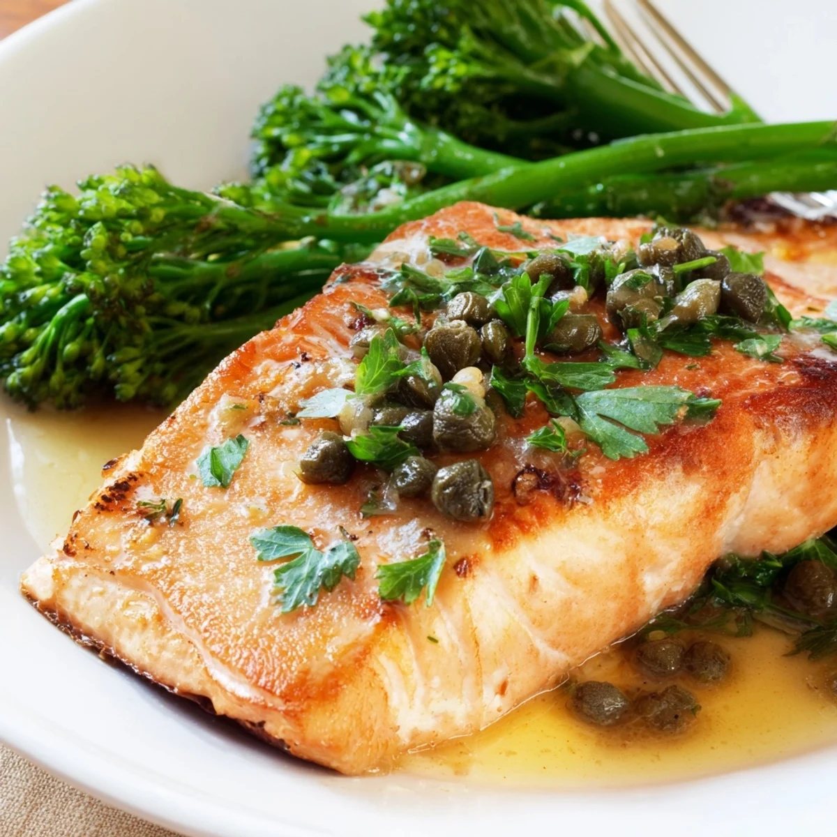 Golden crispy pan fried salmon with garlic butter sauce and fresh parsley garnish