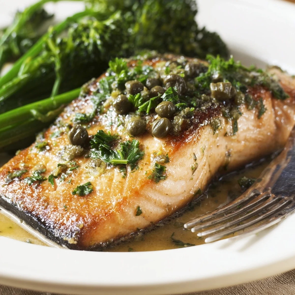 Restaurant-quality Gordon Ramsay pan fried salmon served with tender broccoli and lemon wedges