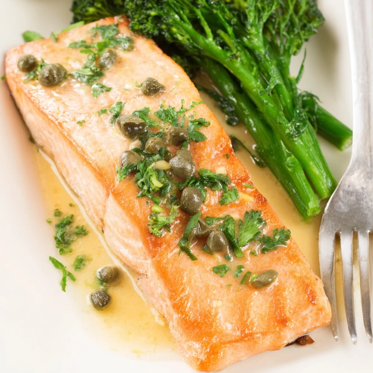 Crispy-skinned salmon fillets in foaming butter sauce with capers and bright green vegetables
