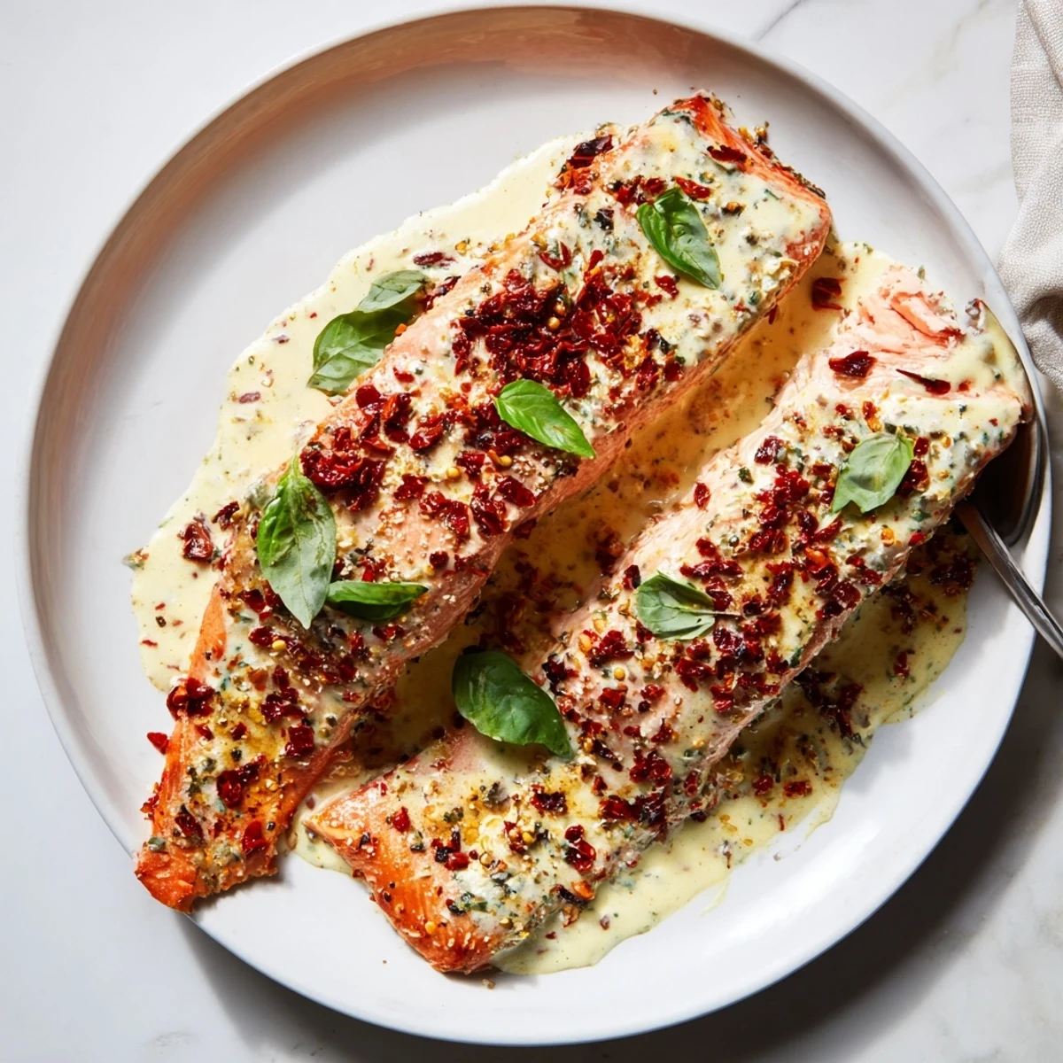Golden pan-seared salmon fillets swimming in a rich parmesan cream sauce with sun-dried tomatoes
