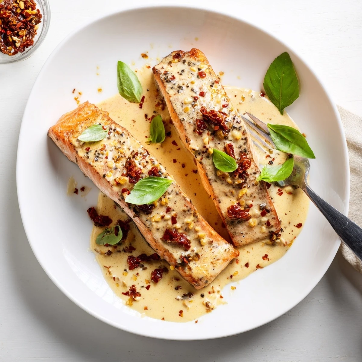 Creamy romantic salmon dish with chopped sun-dried tomatoes and herbs drizzled over golden fillets