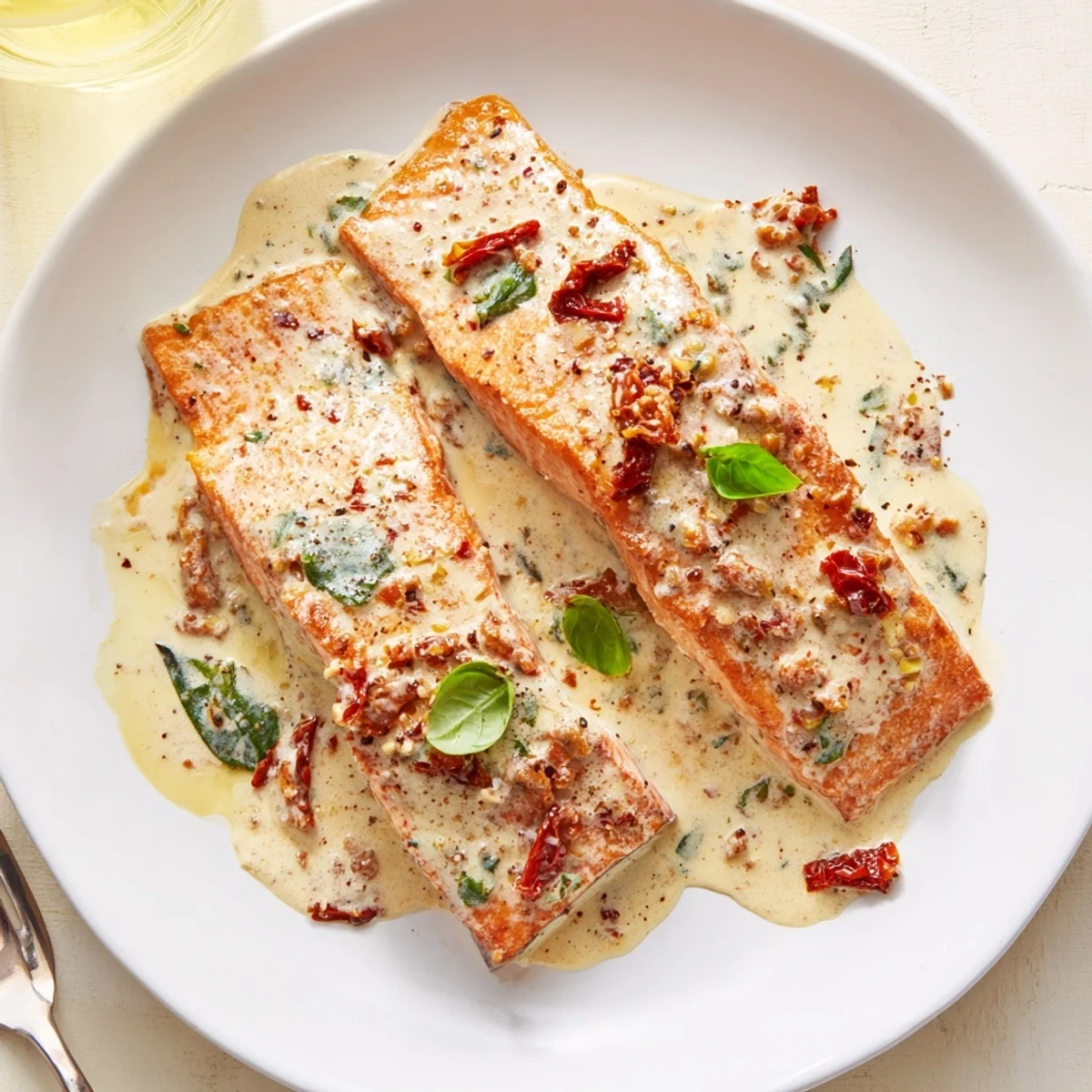 Marry Me Salmon served in a white bowl topped with fresh basil and creamy garlic sauce