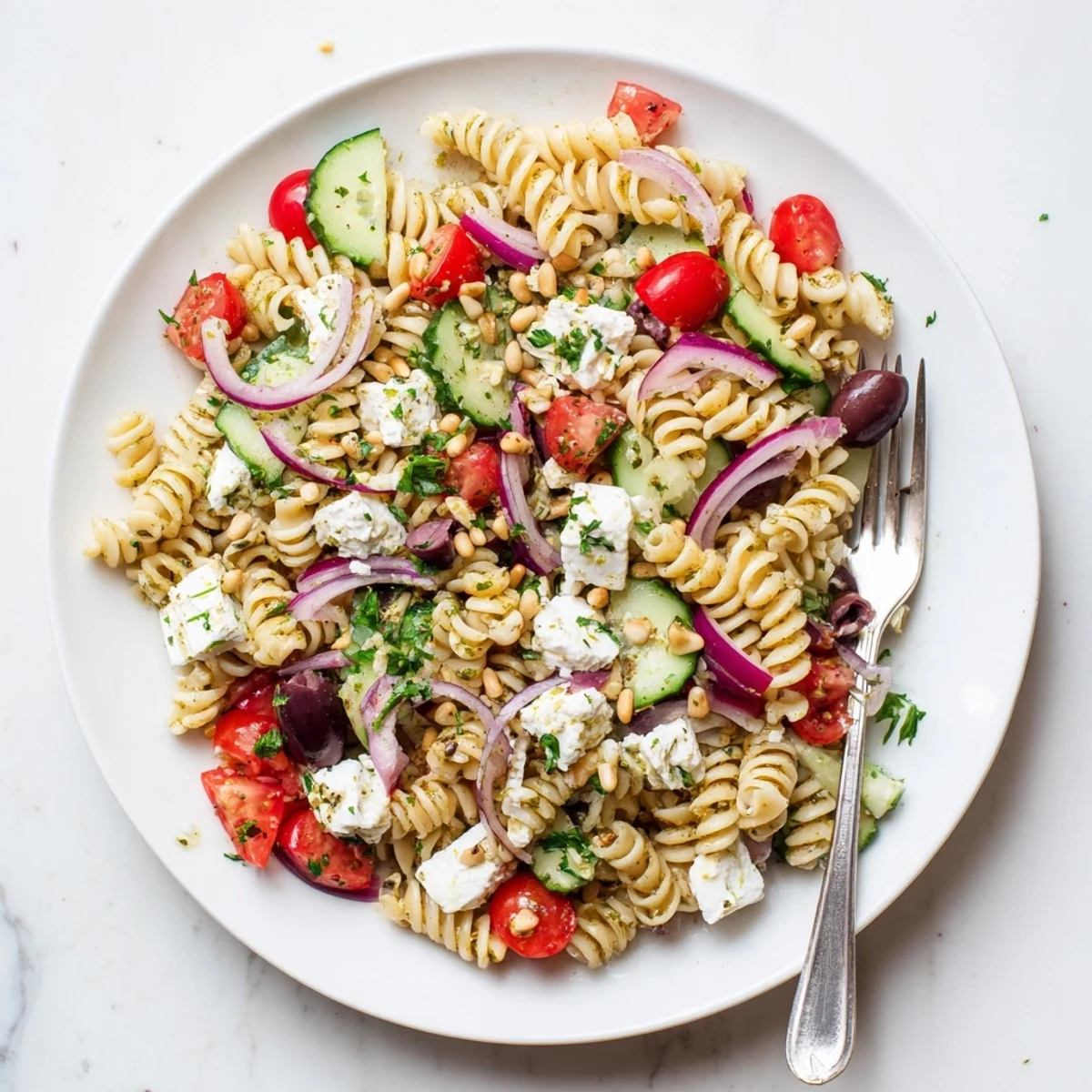Colorful Mediterranean cottage cheese pasta salad bowl with cherry tomatoes, cucumber, and fresh parsley