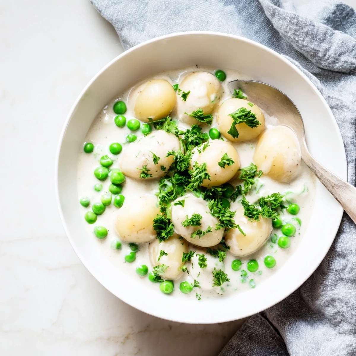 Tender baby potatoes and sweet green peas swimming in a rich velvety cream sauce