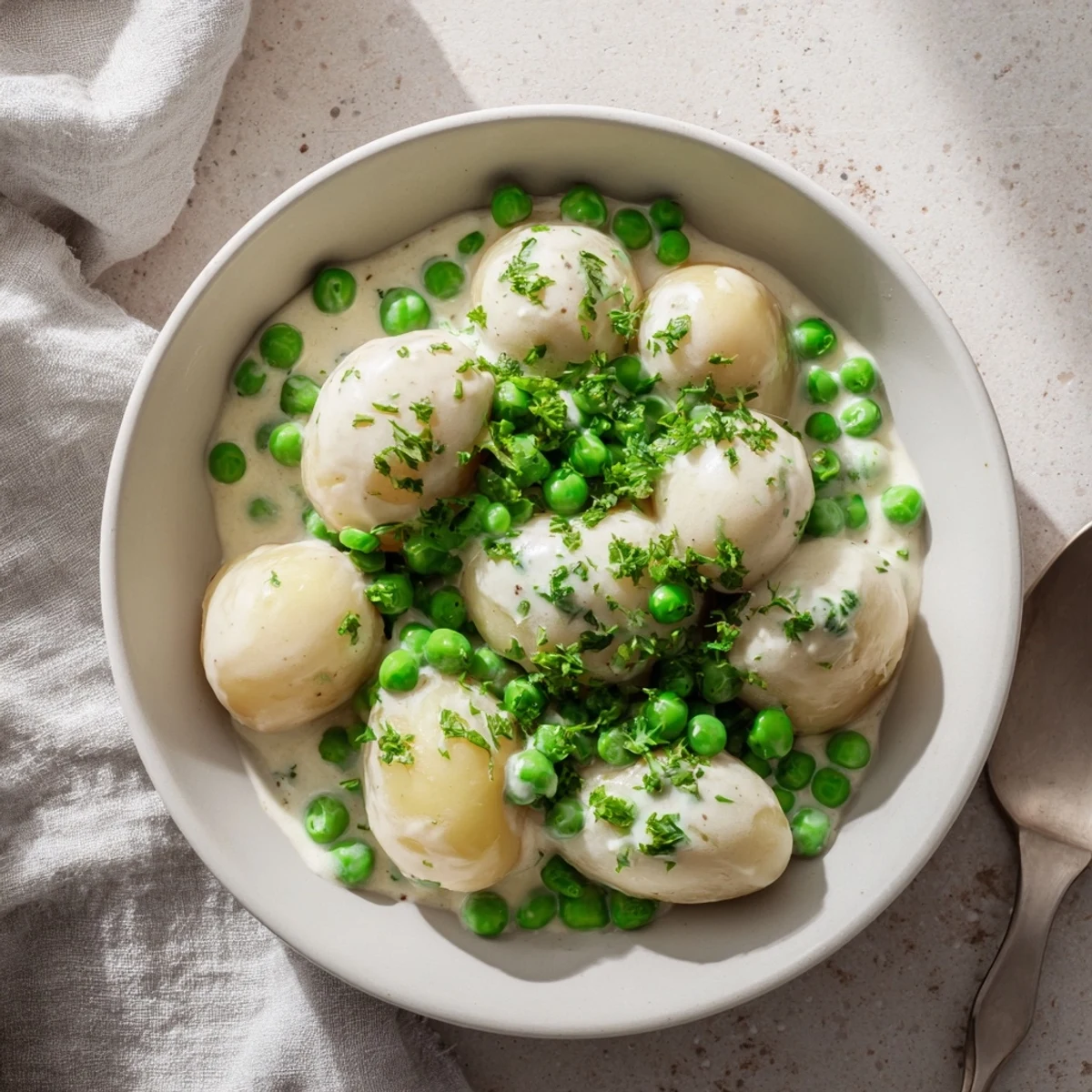 Creamed peas and potatoes in a white ceramic bowl topped with fresh green parsley