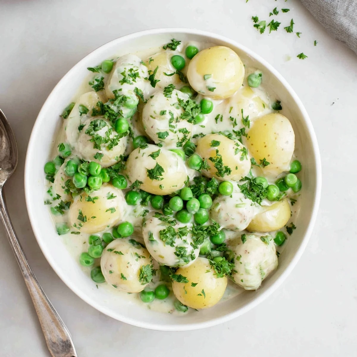 Golden halved potatoes and vibrant peas coated in a smooth white creamy side dish