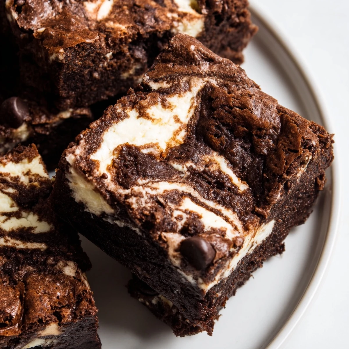 Fudgy cottage cheese brownies with a creamy marbled swirl topping a rich chocolate layer