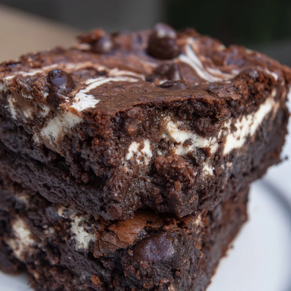Square pan of chocolate cottage cheese brownies with white swirling patterns throughout