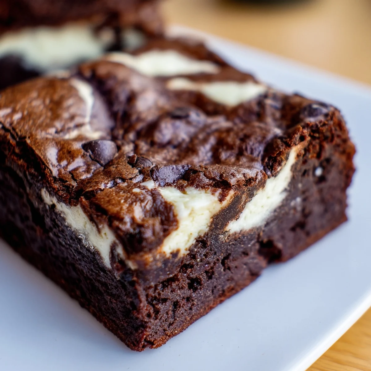 Homemade cottage cheese brownies sliced into squares showing the marbled chocolate and cream cheese layers