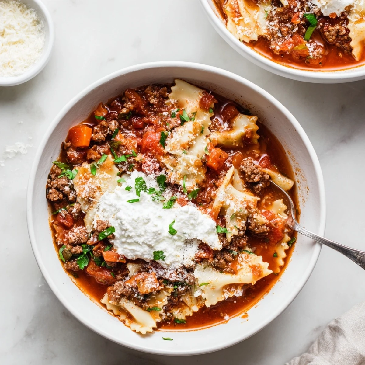 Steaming bowl of Italian lasagna soup topped with creamy ricotta and fresh basil garnish