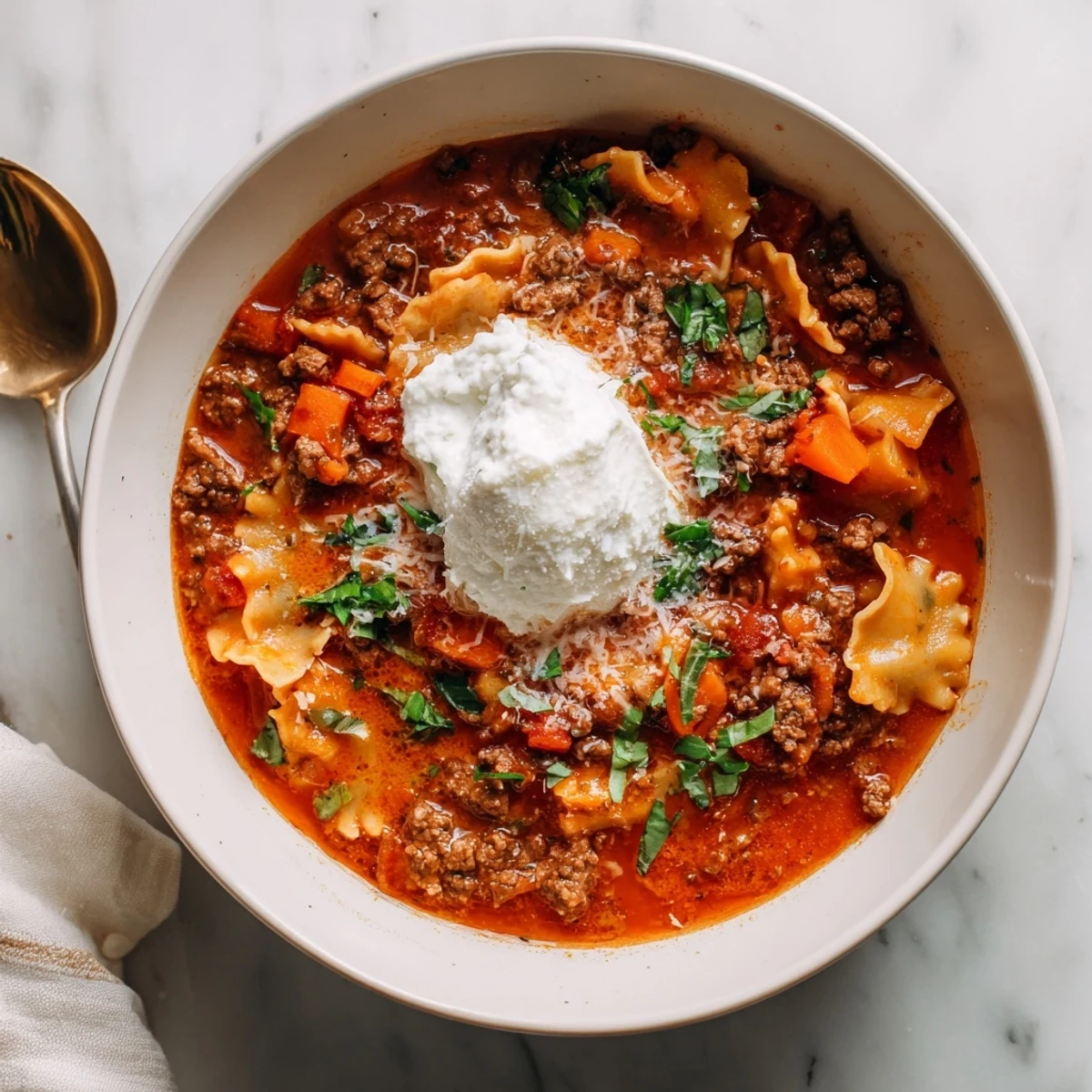 Savory Italian lasagna soup featuring melted mozzarella and parmesan in a rustic serving bowl