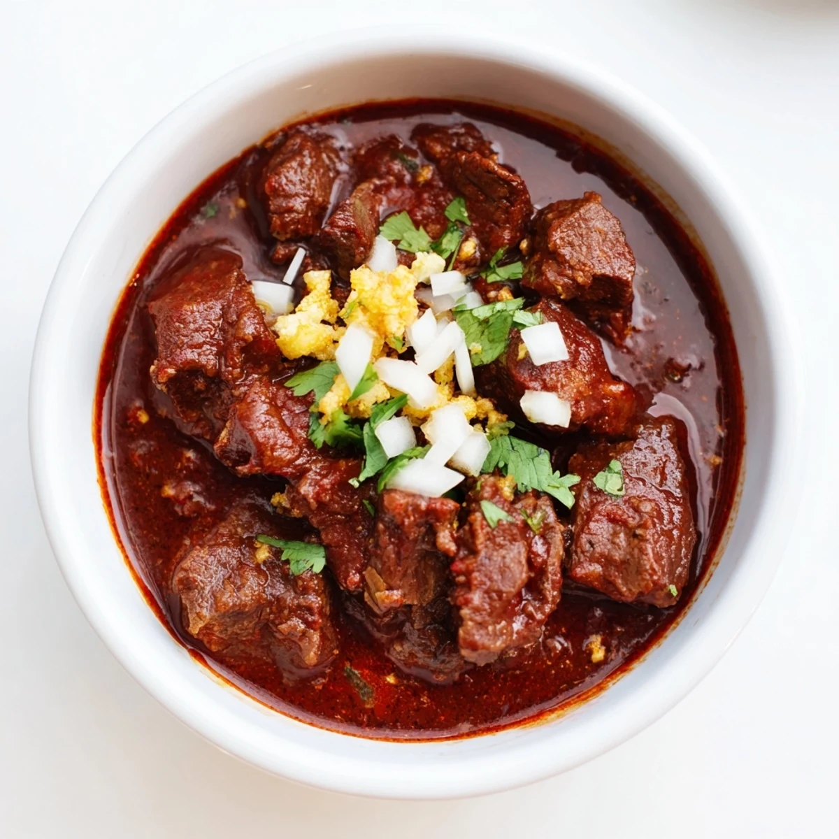 Golden Crockpot Chili Colorado ladled into bowls with fresh cilantro and lime wedges alongside