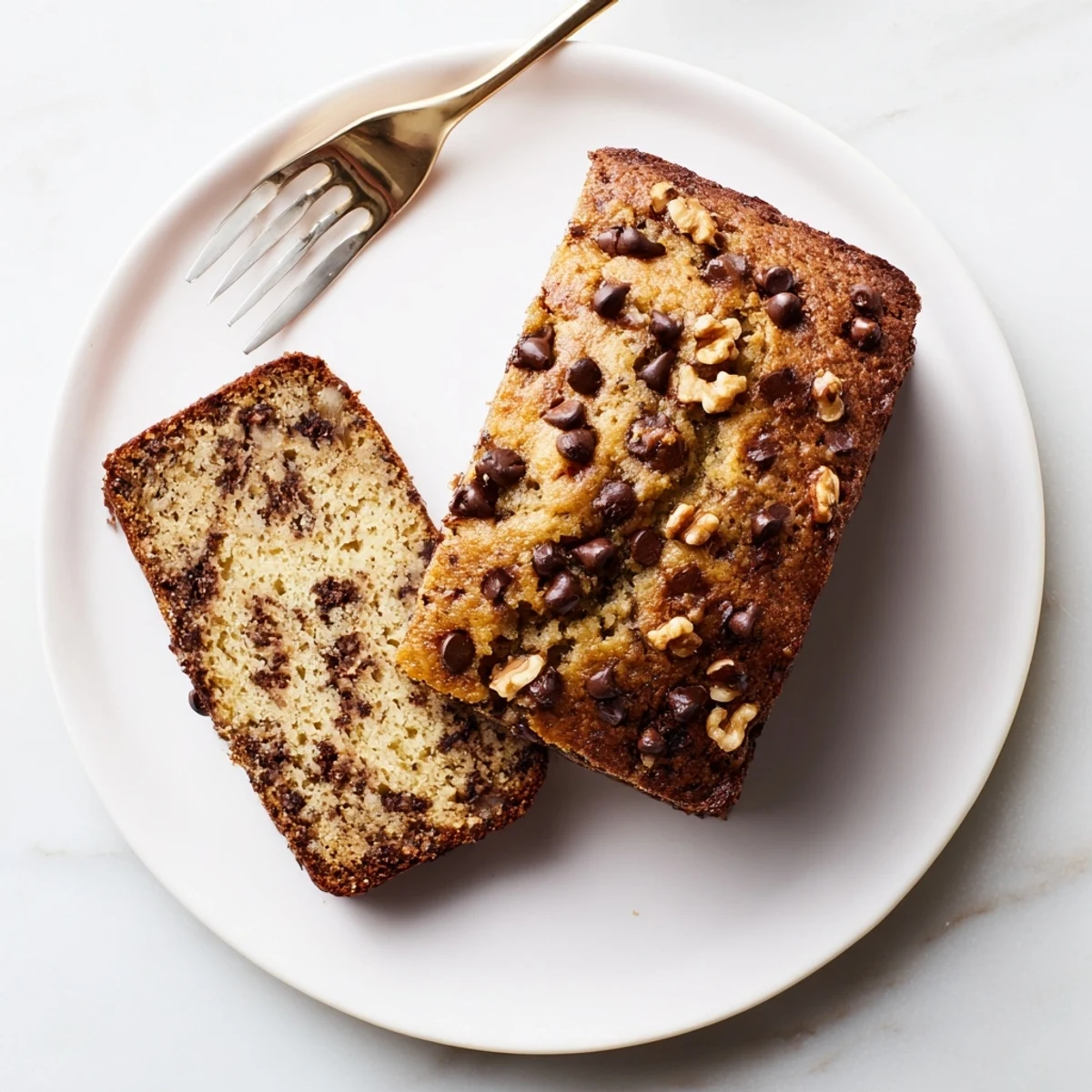 Moist banana bread slice studded with semisweet chocolate chips on a white plate