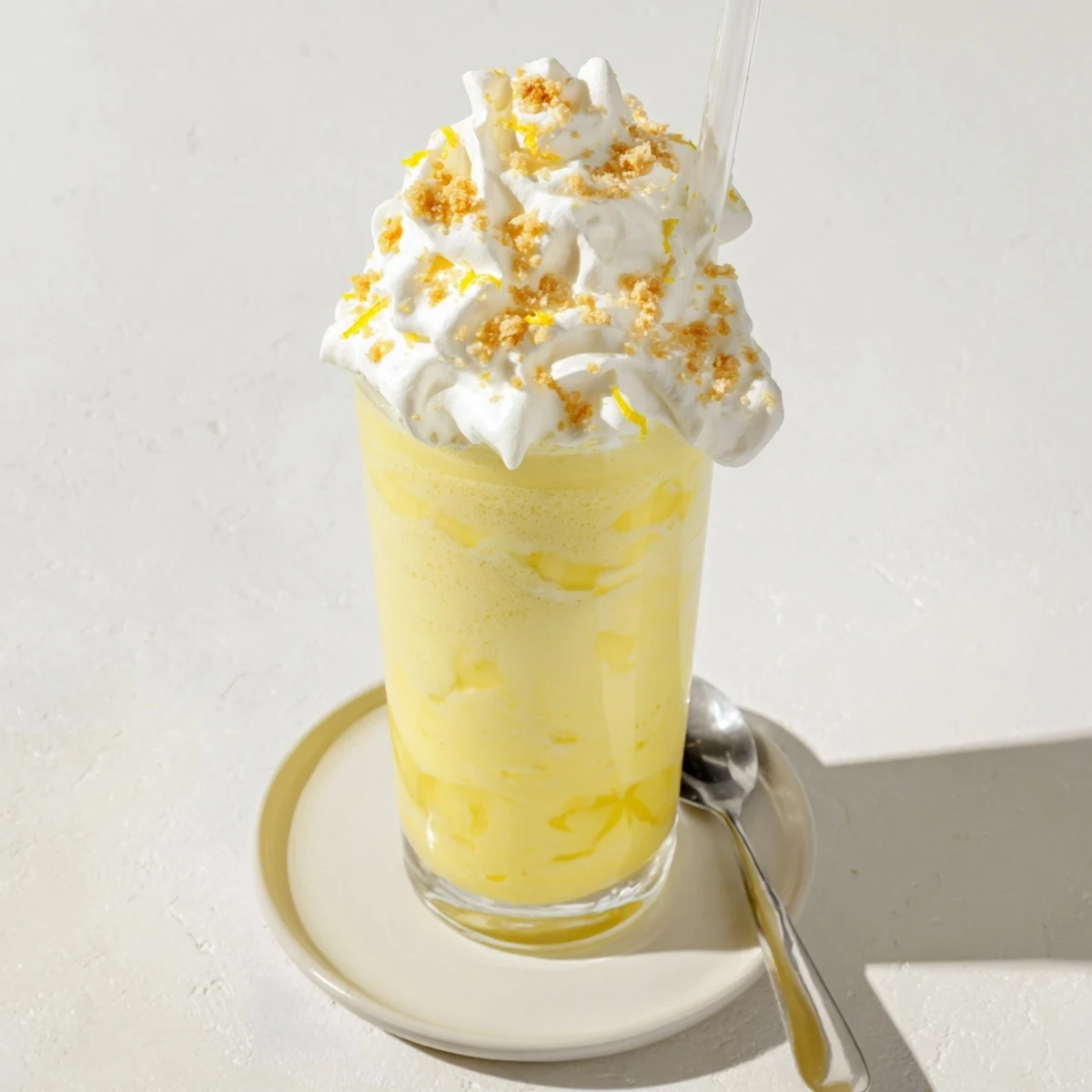 Creamy blended lemon meringue frappé served with graham cracker crumbs and vanilla meringue peaks