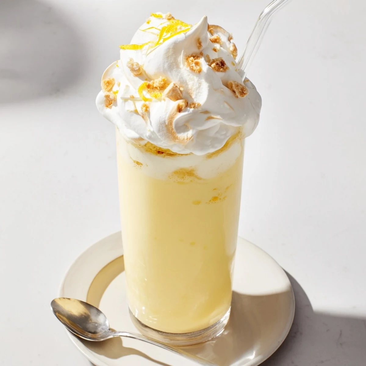 Refreshing citrus lemon meringue frappé in clear glass with whipped meringue topping and straw