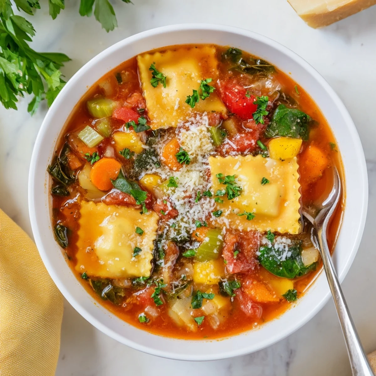 Steaming bowl of easy Tuscan ravioli soup with fresh spinach and grated Parmesan cheese