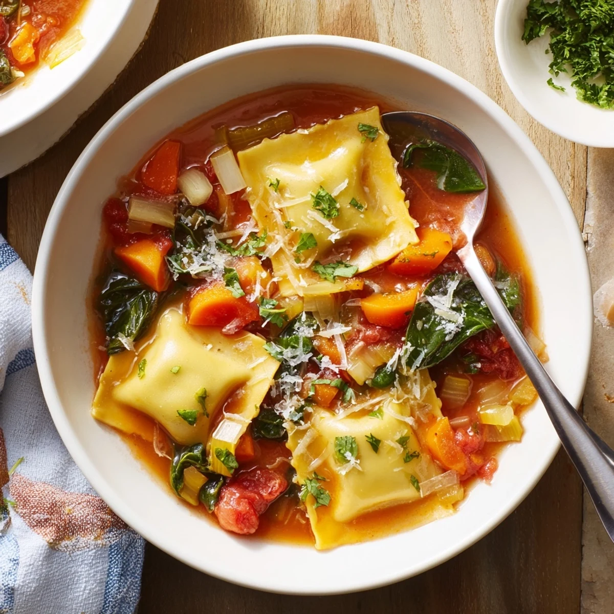 Hearty Italian soup filled with tender cheese ravioli in a savory tomato vegetable broth
