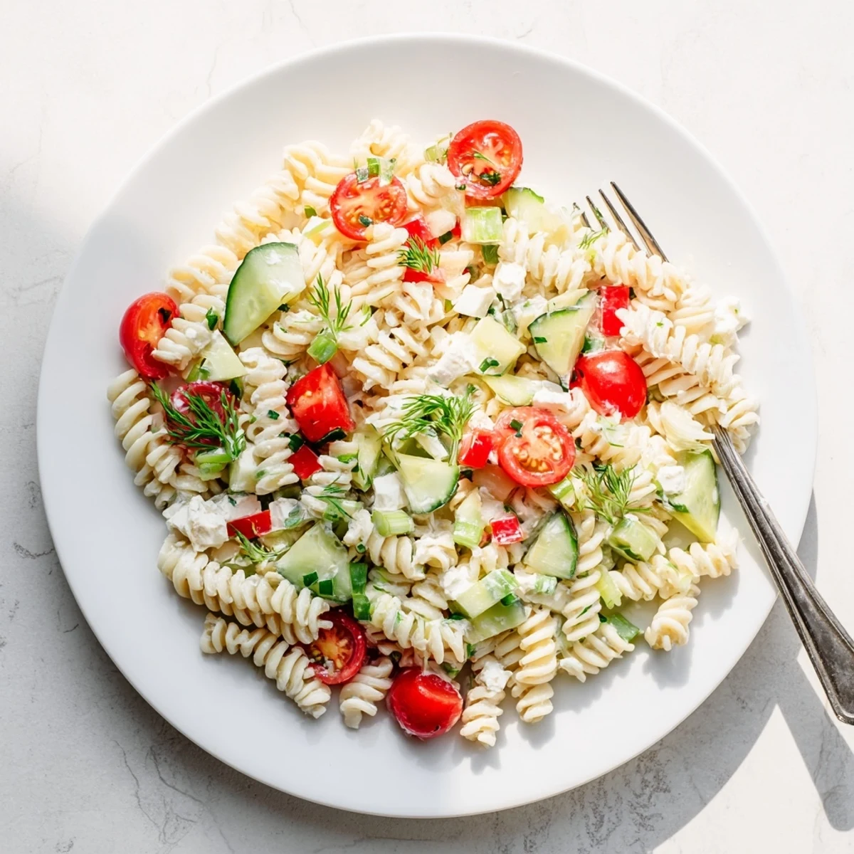 Colorful cottage cheese pasta salad bowl with cherry tomatoes, cucumber, and bell pepper chunks tossed in herb dressing
