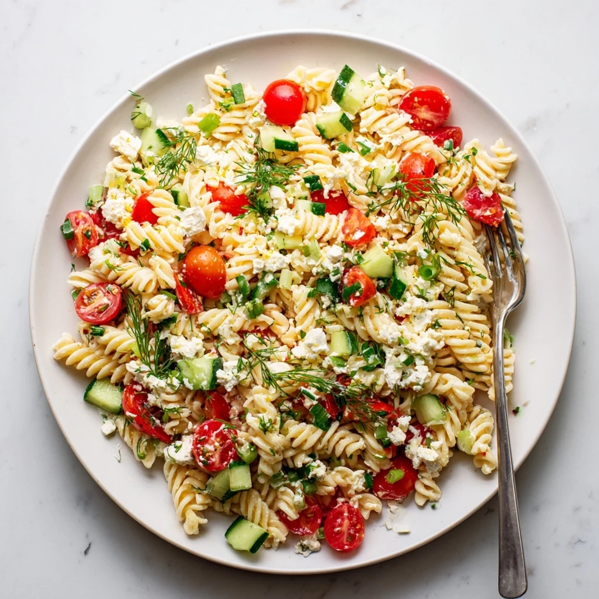 Creamy cottage cheese pasta salad served in white bowl featuring crisp diced vegetables and fresh parsley garnish