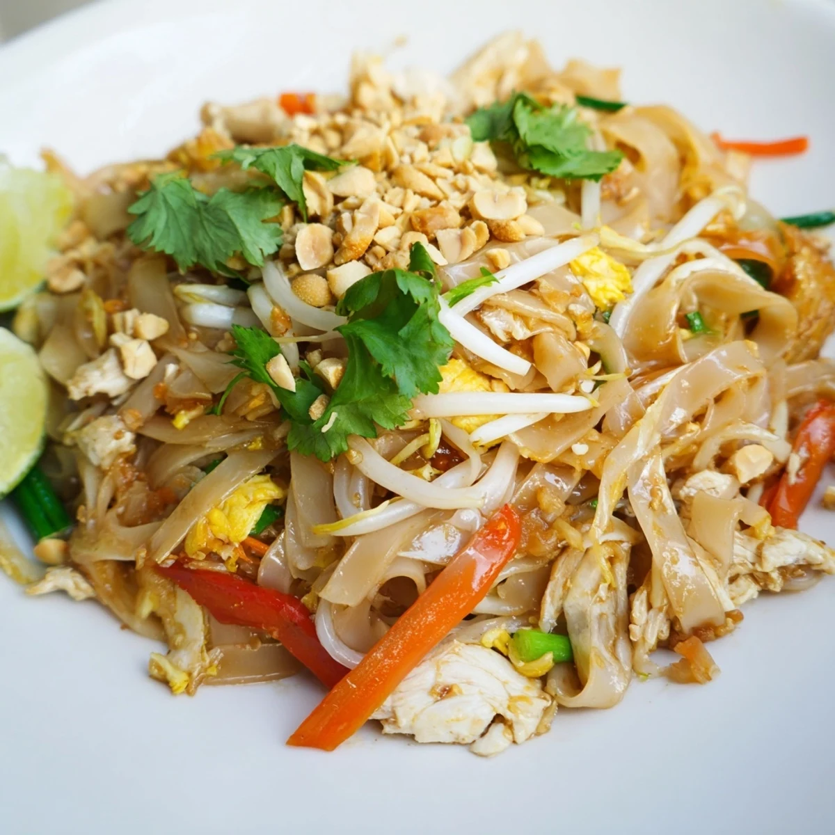 Golden chicken pad Thai tossed with rice noodles in a tangy tamarind sauce and topped with crushed roasted peanuts and fresh cilantro