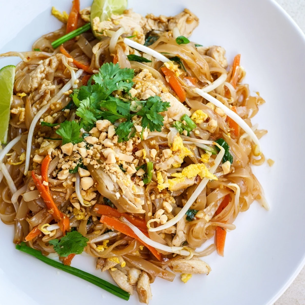 Steamy plate of chicken pad Thai featuring tender chicken strips, springy rice noodles, bean sprouts, and a zesty lime wedge garnish