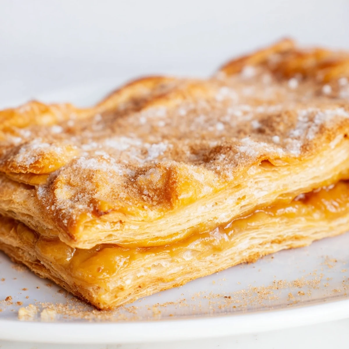 Warm dulce de leche pastries sprinkled with cinnamon sugar on a white serving plate
