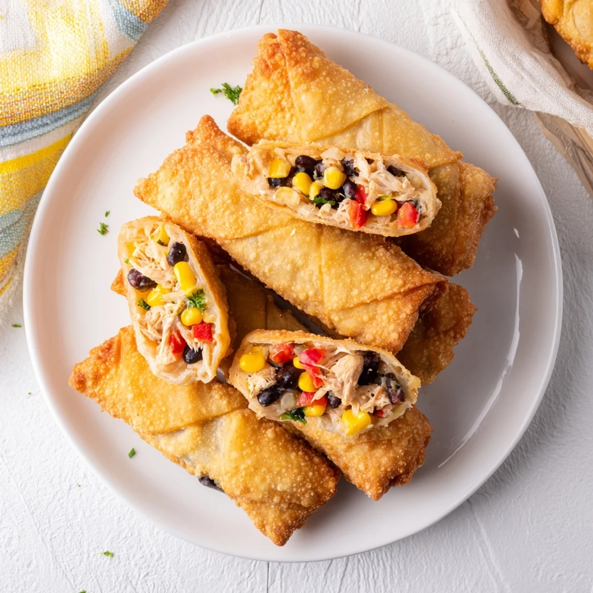 Golden brown Southwest egg rolls with spicy chicken and black bean filling displayed on a white plate