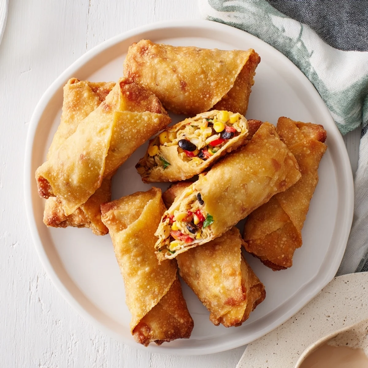 Crispy fried Southwest egg rolls stuffed with corn, peppers, and Monterey Jack cheese ready for dipping