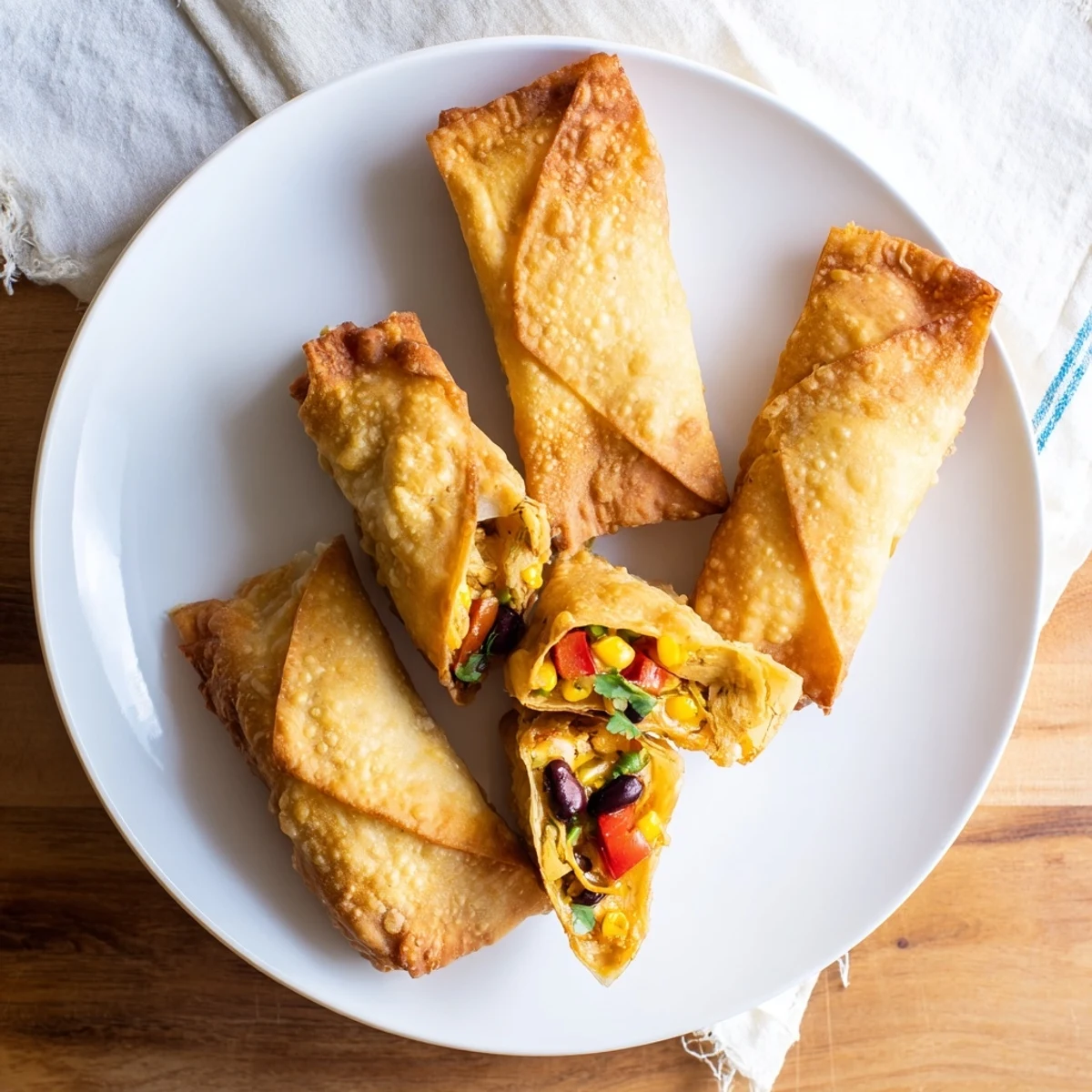 Homemade Southwest egg rolls featuring shredded chicken and colorful vegetables arranged on serving platter with garnish